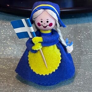 Vintage Swedish Folk Art Doll Hand Painted Wood Felt Blue Yellow Flag